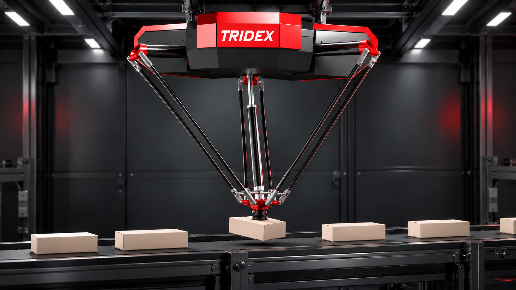 Ürünü yerleştirirken döndüren 4 eksenli Tridex robotu