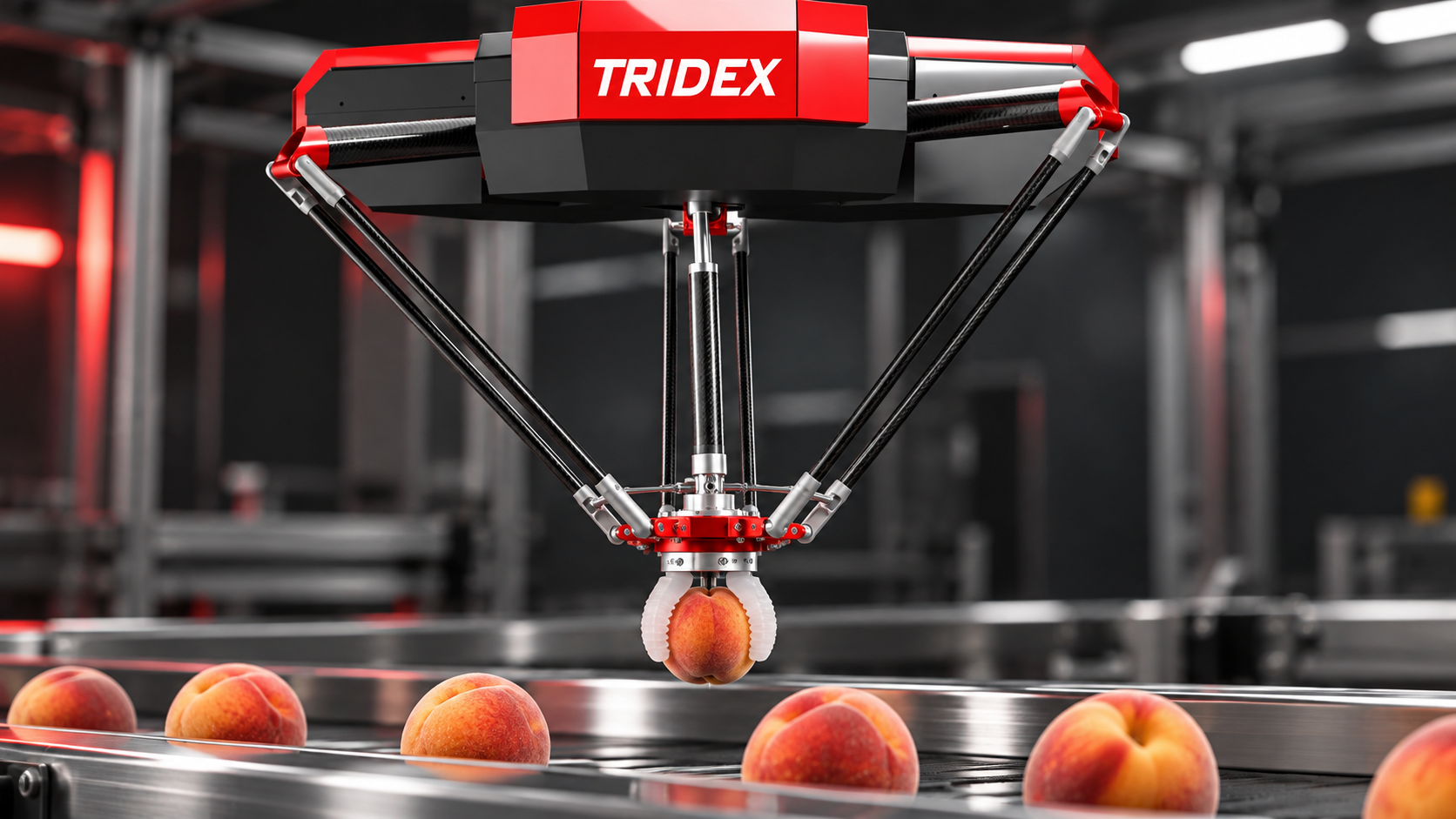Şeftaliyi yumuşak parmaklı özel tutucuyla taşıyan Tridex robotu